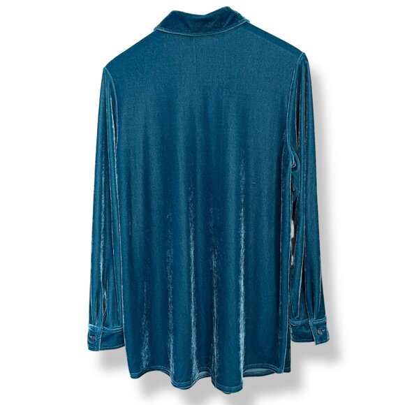 Soft Surroundings Velvet Top Blouse Button-Up Stretch Sz Medium Teal Long Sleeve - Picture 2 of 15
